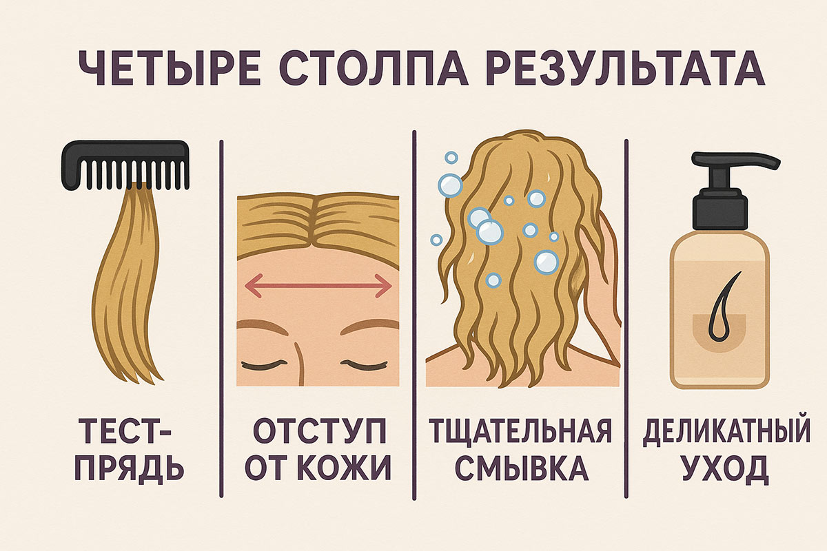 Чек‑лист по выбору и уходу: тест‑прядь, отступ, смывка, термозащита