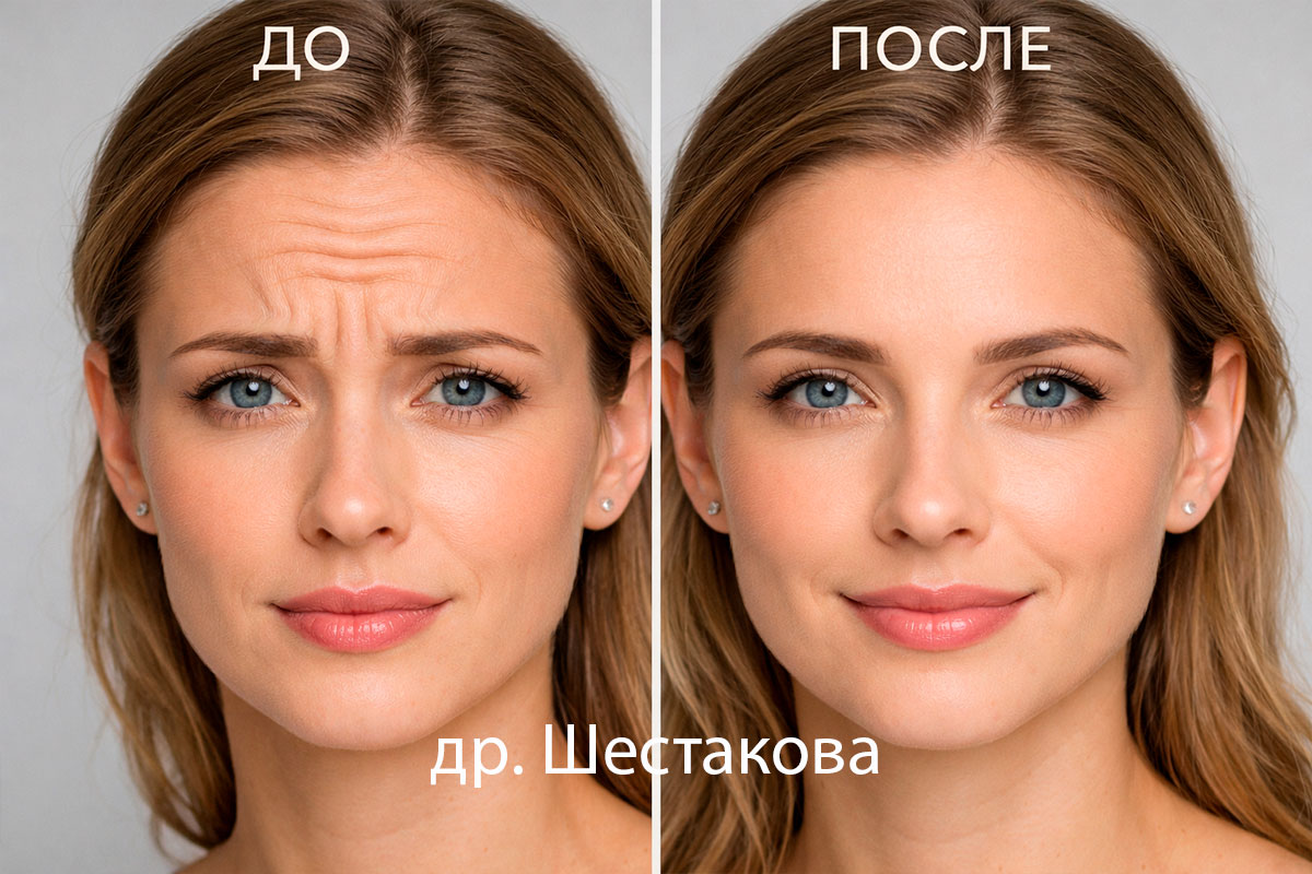 До и после инъекций ботулотоксина в лоб при поднятых бровях (динамика мимики