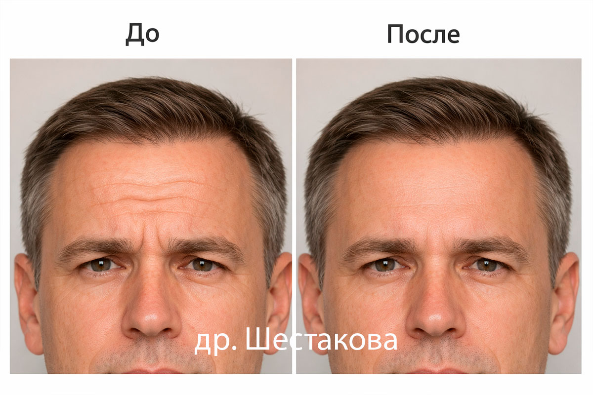 До и после инъекций ботулотоксина в лоб у женщины в нейтральной подаче