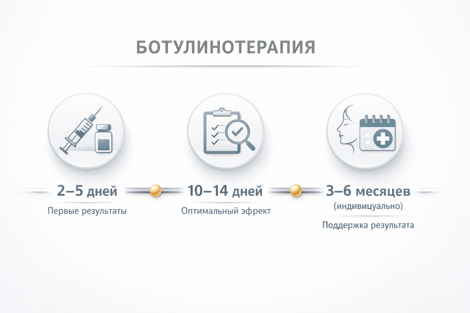 Инфографика: 2–5 дней первые изменения, 10–14 дней пик эффекта, 3–6 месяцев стойкость индивидуально