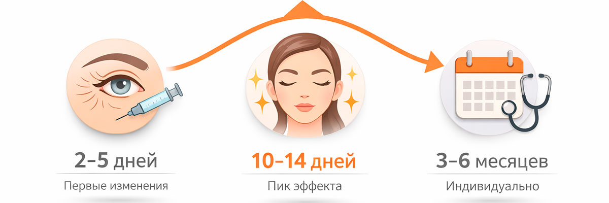 Инфографика сроков эффекта ботулотоксина вокруг глаз и индивидуальной стойкости результата