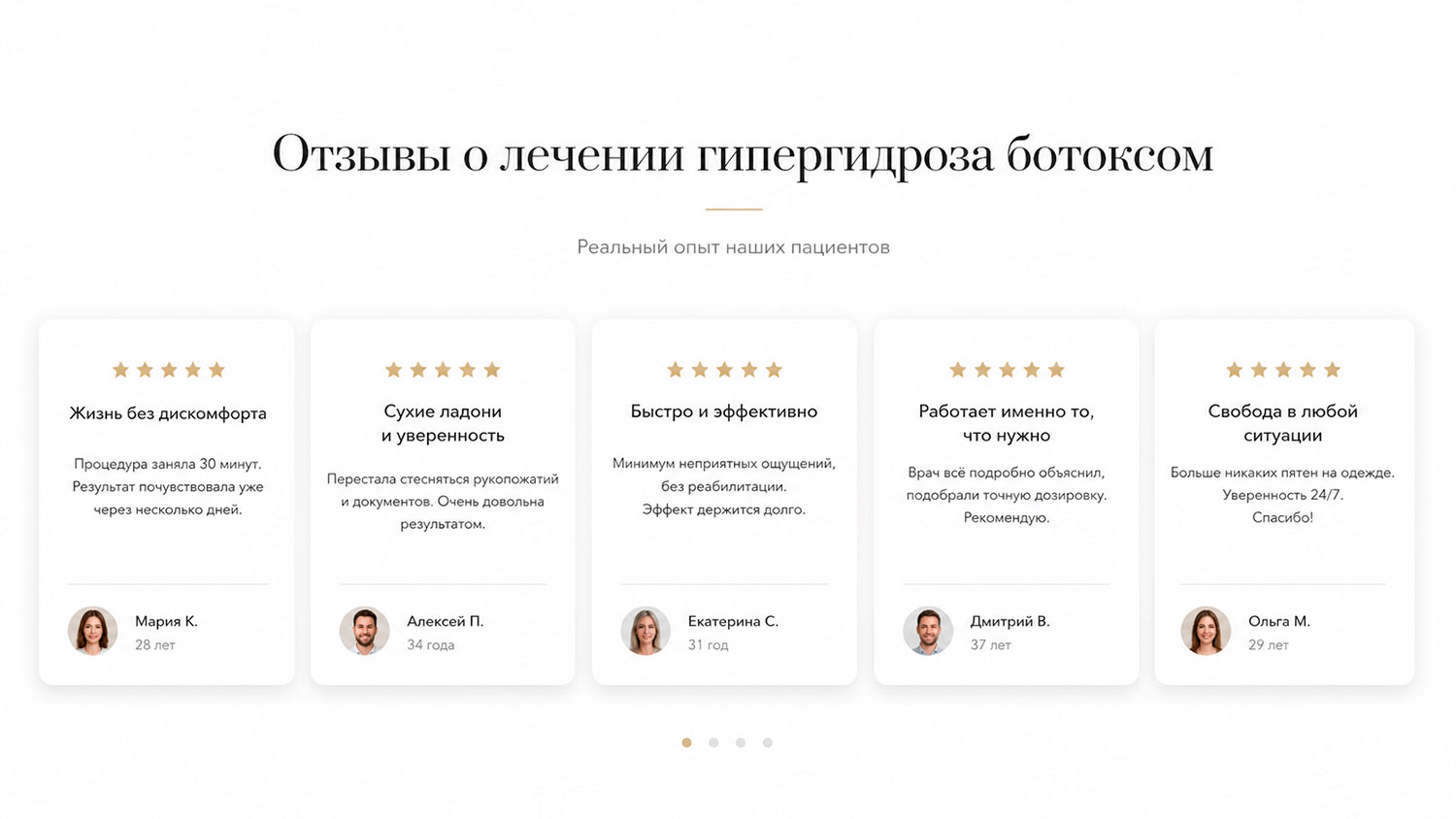 Премиальные карточки отзывов пациентов о лечении гипергидроза ботоксом
