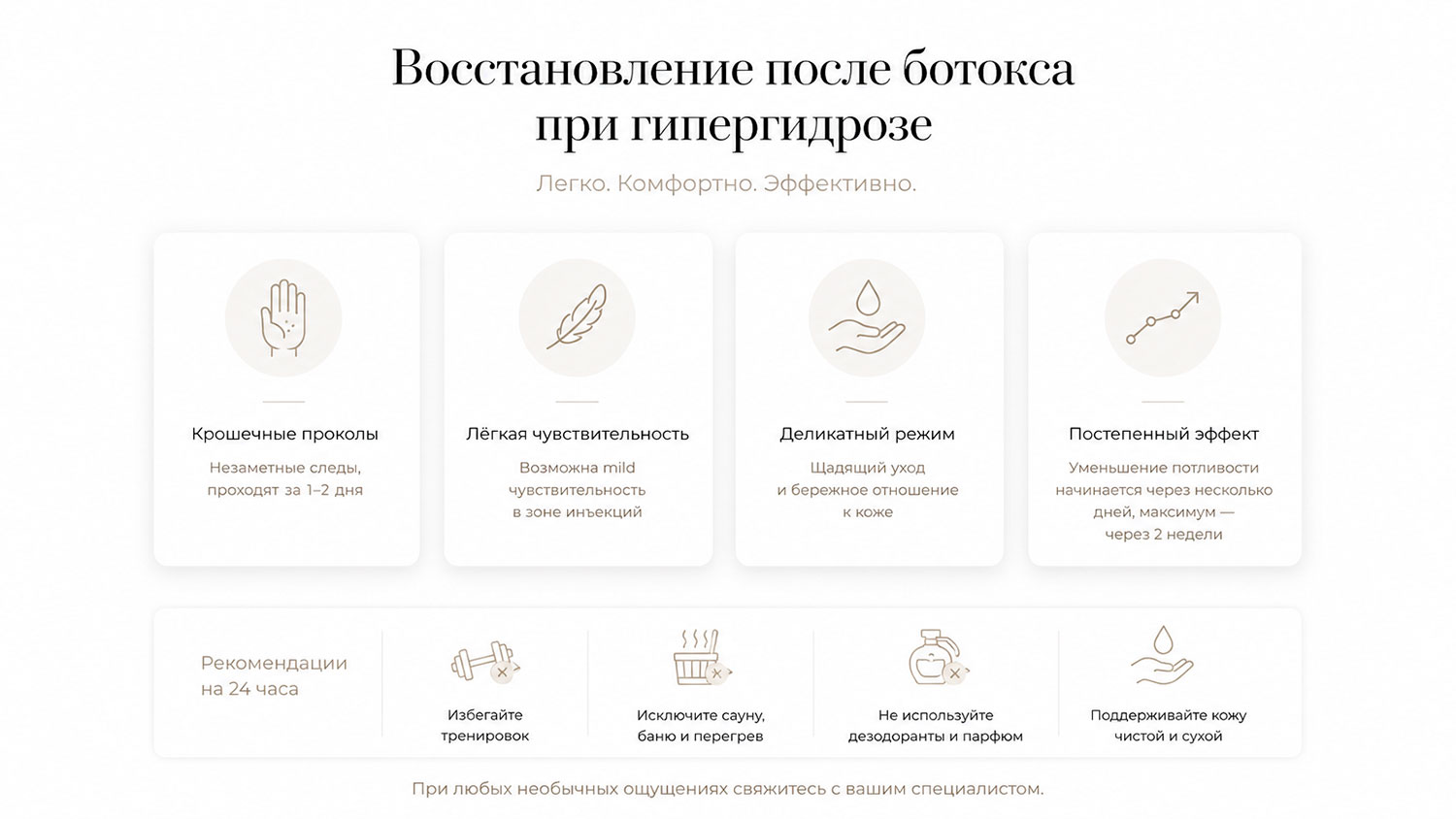 Инфографика по восстановлению после лечения гипергидроза ботоксом