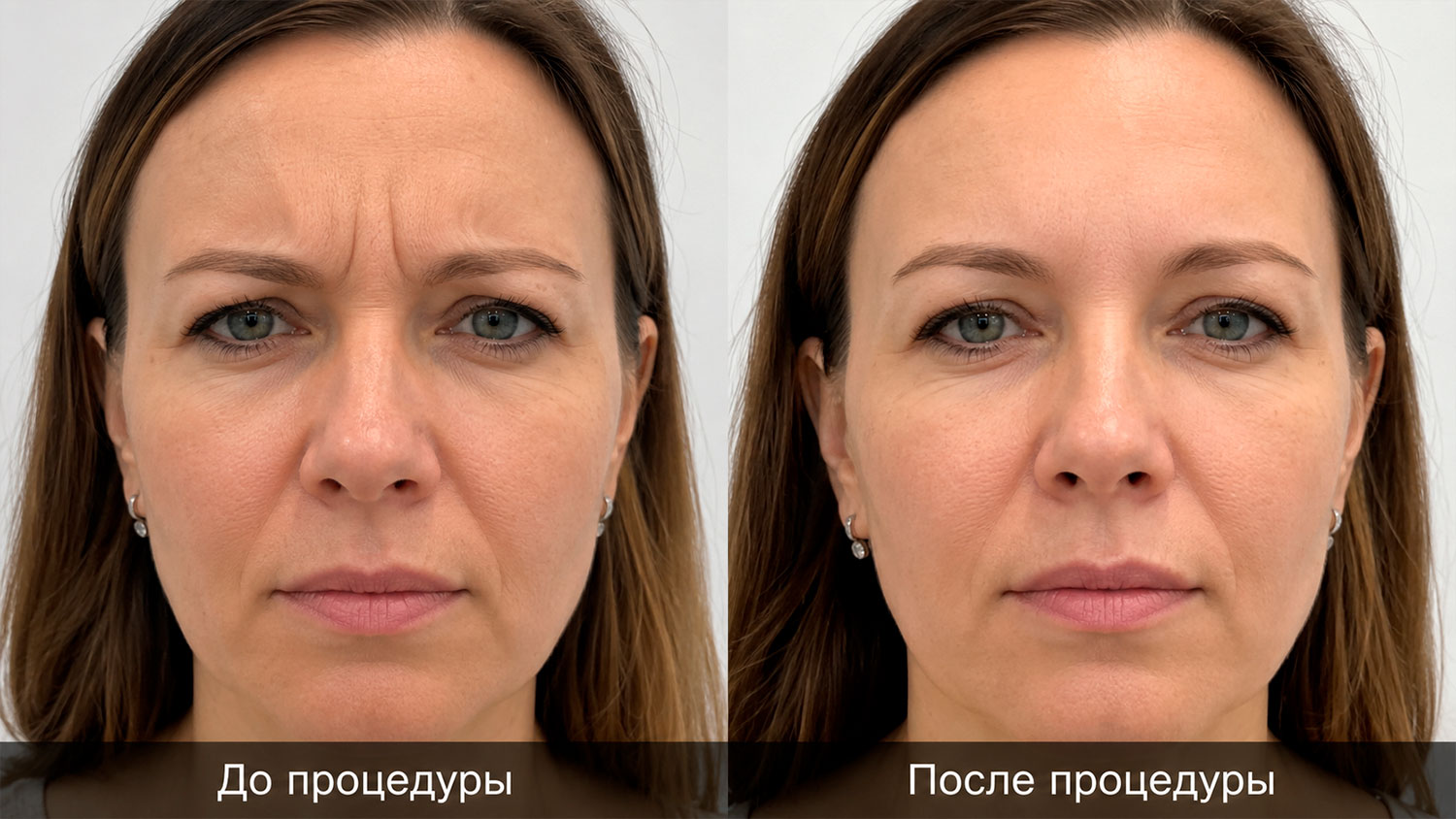 Фото до и после ботокса в межбровье с уменьшением морщины между бровями